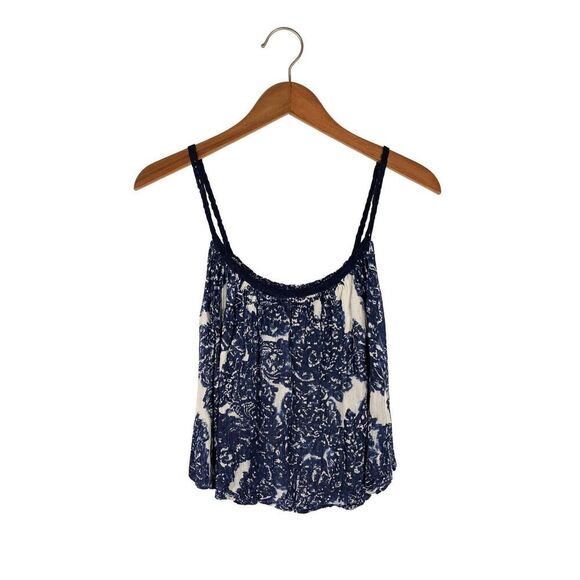 Anthropologie One September Draped Tank Top Sz S Blue White Floral Rayon - Picture 2 of 3